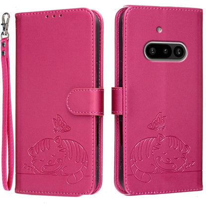 Cat Butterfly Embossed RFID Vegan Leather Phone Case with Strap, For Nothing Phone 4a Pro, For Nothing Phone 4a, For Nothing Phone 3a Lite, For Nothing Phone 3, For Nothing CMF Phone 2 Pro, For Nothing Phone 3a, For Nothing Phone 3a Pro