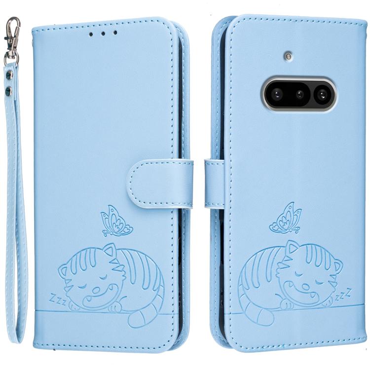Cat Butterfly Embossed RFID Vegan Leather Phone Case with Strap, For Nothing Phone 4a Pro, For Nothing Phone 4a, For Nothing Phone 3a Lite, For Nothing Phone 3, For Nothing CMF Phone 2 Pro, For Nothing Phone 3a, For Nothing Phone 3a Pro
