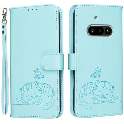 Cat Butterfly Embossed RFID Vegan Leather Phone Case with Strap, For Nothing Phone 4a Pro, For Nothing Phone 4a, For Nothing Phone 3a Lite, For Nothing Phone 3, For Nothing CMF Phone 2 Pro, For Nothing Phone 3a, For Nothing Phone 3a Pro