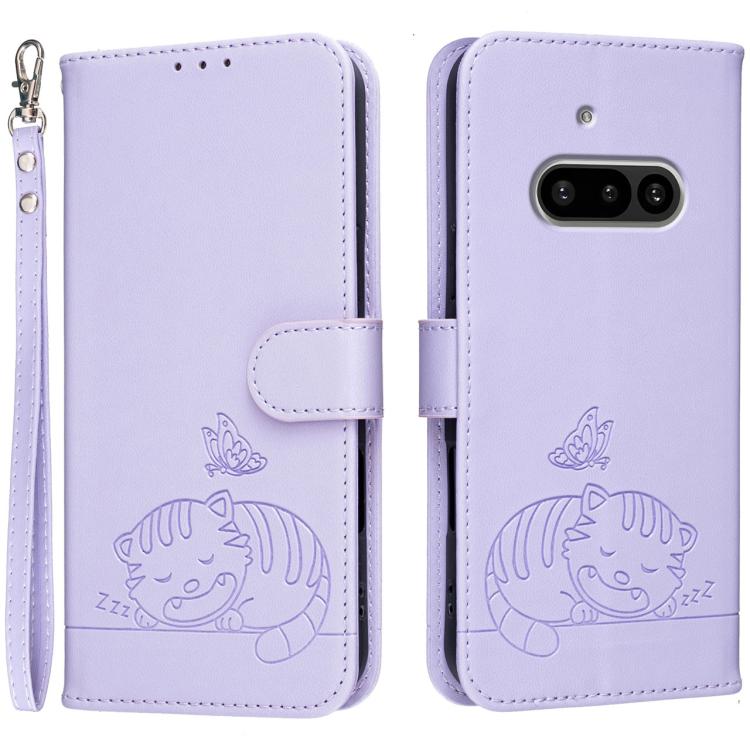 Cat Butterfly Embossed RFID Vegan Leather Phone Case with Strap, For Nothing Phone 4a Pro, For Nothing Phone 4a, For Nothing Phone 3a Lite, For Nothing Phone 3, For Nothing CMF Phone 2 Pro, For Nothing Phone 3a, For Nothing Phone 3a Pro