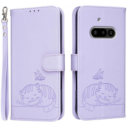 Cat Butterfly Embossed RFID Vegan Leather Phone Case with Strap, For Nothing Phone 4a Pro, For Nothing Phone 4a, For Nothing Phone 3a Lite, For Nothing Phone 3, For Nothing CMF Phone 2 Pro, For Nothing Phone 3a, For Nothing Phone 3a Pro