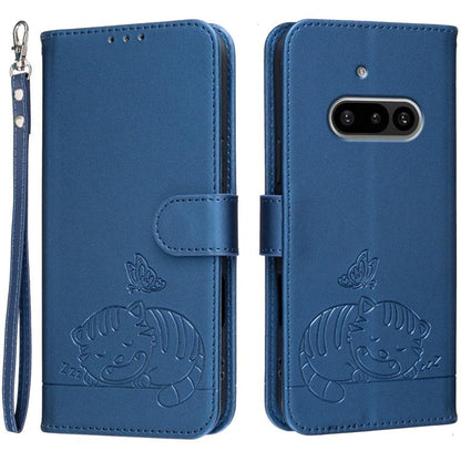 Cat Butterfly Embossed RFID Vegan Leather Phone Case with Strap, For Nothing Phone 4a Pro, For Nothing Phone 4a, For Nothing Phone 3a Lite, For Nothing Phone 3, For Nothing CMF Phone 2 Pro, For Nothing Phone 3a, For Nothing Phone 3a Pro