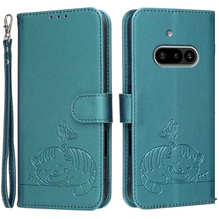 Cat Butterfly Embossed RFID Vegan Leather Phone Case with Strap, For Nothing Phone 4a Pro, For Nothing Phone 4a, For Nothing Phone 3a Lite, For Nothing Phone 3, For Nothing CMF Phone 2 Pro, For Nothing Phone 3a, For Nothing Phone 3a Pro