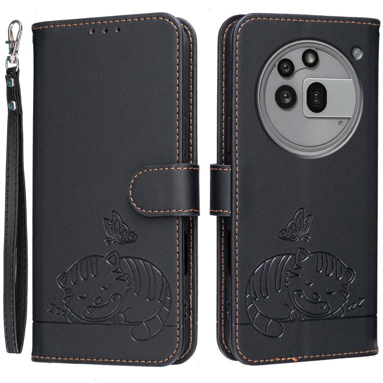 Cat Butterfly Embossed RFID Vegan Leather Phone Case with Strap, For Nothing Phone 4a Pro, For Nothing Phone 4a, For Nothing Phone 3a Lite, For Nothing Phone 3, For Nothing CMF Phone 2 Pro, For Nothing Phone 3a, For Nothing Phone 3a Pro