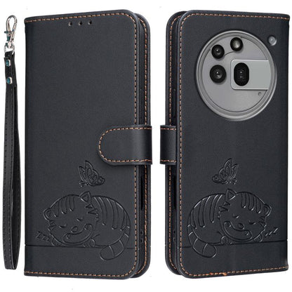 Cat Butterfly Embossed RFID Vegan Leather Phone Case with Strap, For Nothing Phone 4a Pro, For Nothing Phone 4a, For Nothing Phone 3a Lite, For Nothing Phone 3, For Nothing CMF Phone 2 Pro, For Nothing Phone 3a, For Nothing Phone 3a Pro