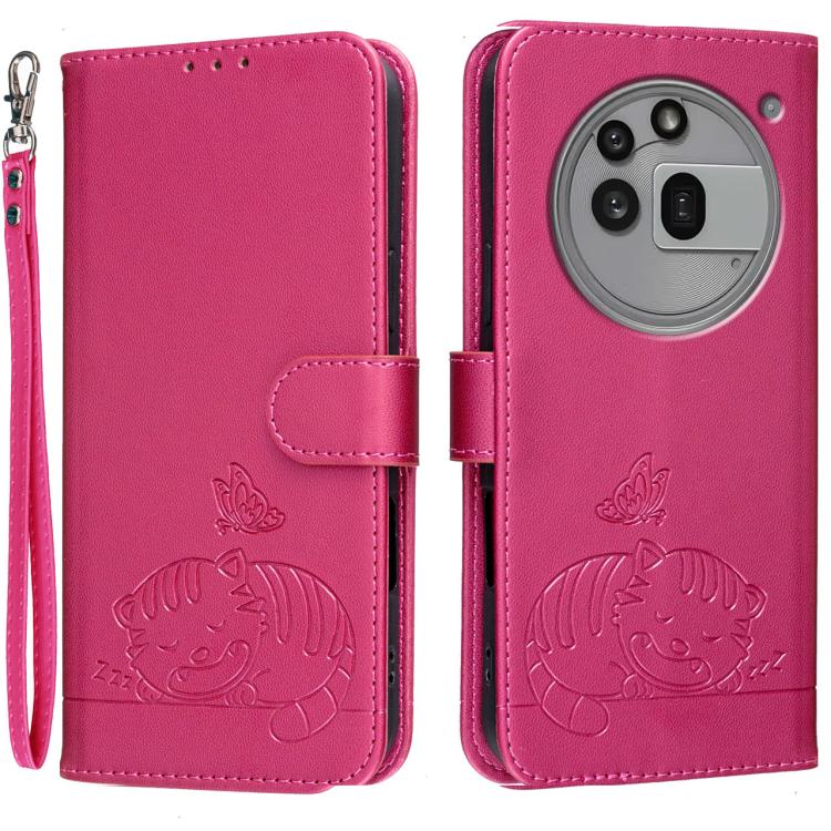 Cat Butterfly Embossed RFID Vegan Leather Phone Case with Strap, For Nothing Phone 4a Pro, For Nothing Phone 4a, For Nothing Phone 3a Lite, For Nothing Phone 3, For Nothing CMF Phone 2 Pro, For Nothing Phone 3a, For Nothing Phone 3a Pro
