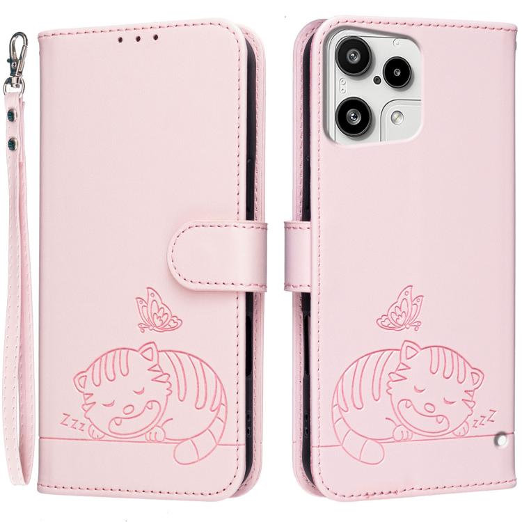 Cat Butterfly Embossed RFID Vegan Leather Phone Case with Strap, For Nothing Phone 4a Pro, For Nothing Phone 4a, For Nothing Phone 3a Lite, For Nothing Phone 3, For Nothing CMF Phone 2 Pro, For Nothing Phone 3a, For Nothing Phone 3a Pro