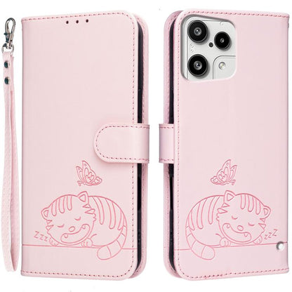 Cat Butterfly Embossed RFID Vegan Leather Phone Case with Strap, For Nothing Phone 4a Pro, For Nothing Phone 4a, For Nothing Phone 3a Lite, For Nothing Phone 3, For Nothing CMF Phone 2 Pro, For Nothing Phone 3a, For Nothing Phone 3a Pro