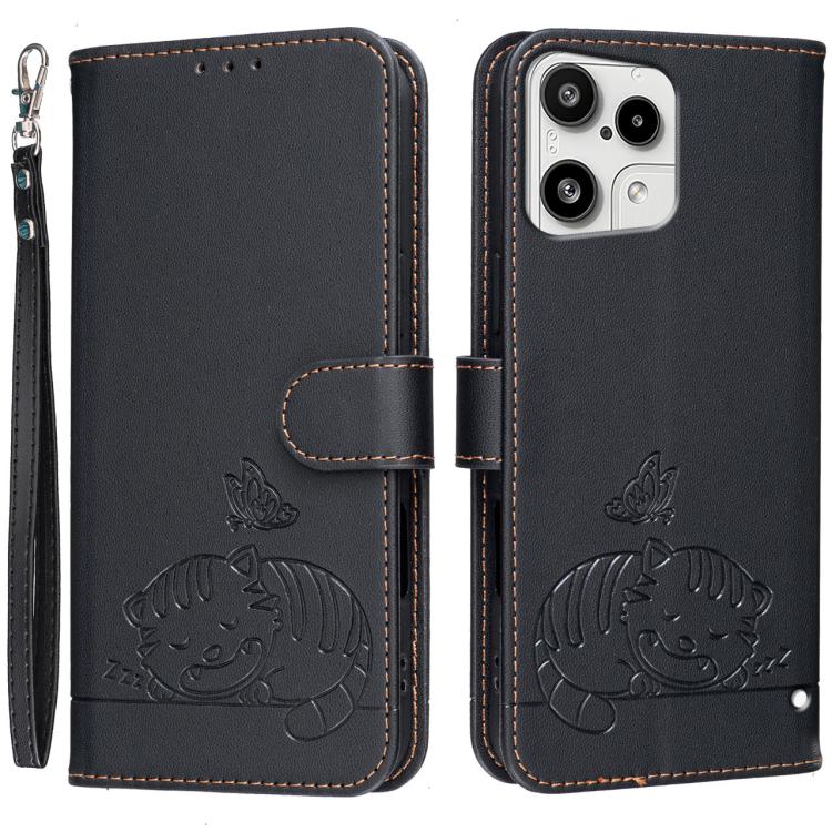 Cat Butterfly Embossed RFID Vegan Leather Phone Case with Strap, For Nothing Phone 4a Pro, For Nothing Phone 4a, For Nothing Phone 3a Lite, For Nothing Phone 3, For Nothing CMF Phone 2 Pro, For Nothing Phone 3a, For Nothing Phone 3a Pro