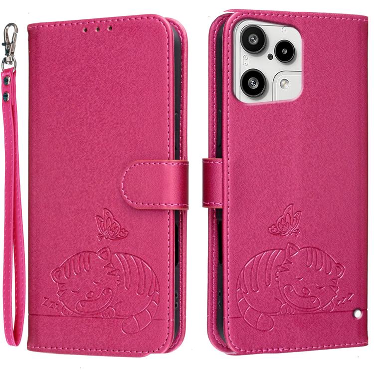 Cat Butterfly Embossed RFID Vegan Leather Phone Case with Strap, For Nothing Phone 4a Pro, For Nothing Phone 4a, For Nothing Phone 3a Lite, For Nothing Phone 3, For Nothing CMF Phone 2 Pro, For Nothing Phone 3a, For Nothing Phone 3a Pro