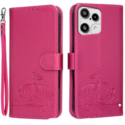 Cat Butterfly Embossed RFID Vegan Leather Phone Case with Strap, For Nothing Phone 4a Pro, For Nothing Phone 4a, For Nothing Phone 3a Lite, For Nothing Phone 3, For Nothing CMF Phone 2 Pro, For Nothing Phone 3a, For Nothing Phone 3a Pro