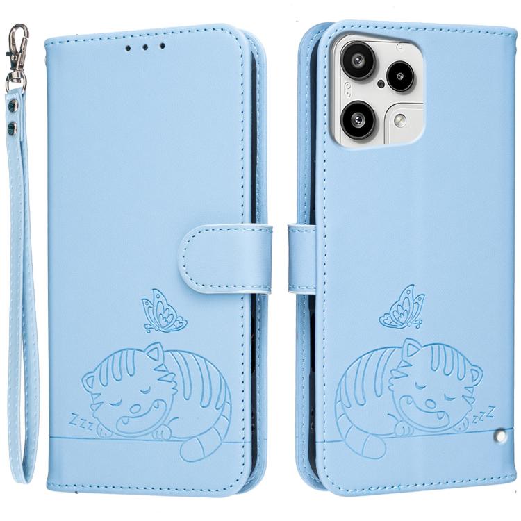 Cat Butterfly Embossed RFID Vegan Leather Phone Case with Strap, For Nothing Phone 4a Pro, For Nothing Phone 4a, For Nothing Phone 3a Lite, For Nothing Phone 3, For Nothing CMF Phone 2 Pro, For Nothing Phone 3a, For Nothing Phone 3a Pro
