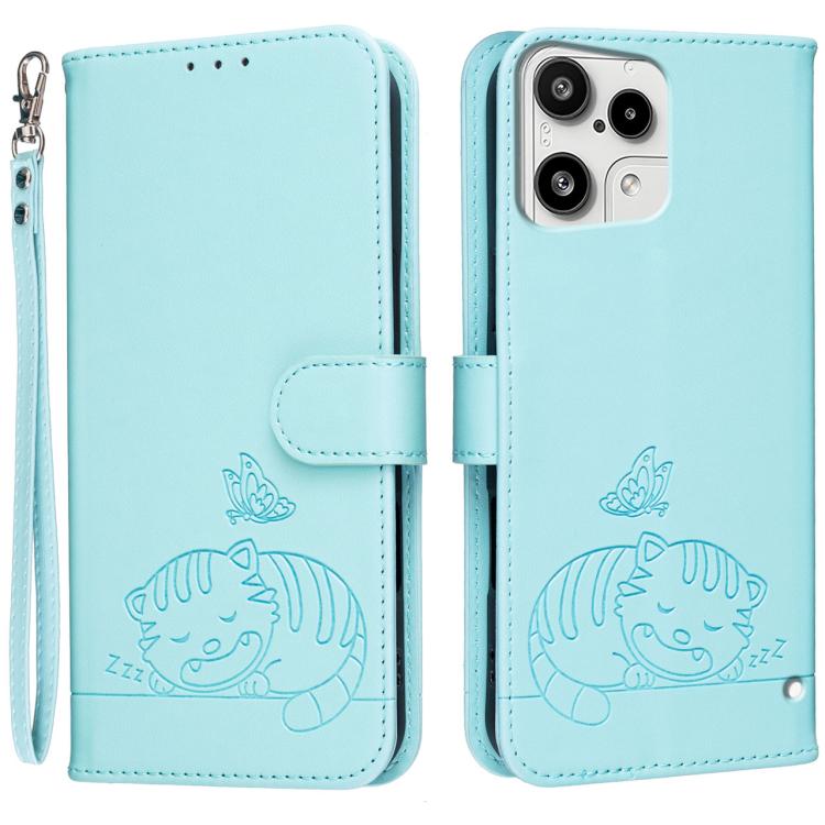 Cat Butterfly Embossed RFID Vegan Leather Phone Case with Strap, For Nothing Phone 4a Pro, For Nothing Phone 4a, For Nothing Phone 3a Lite, For Nothing Phone 3, For Nothing CMF Phone 2 Pro, For Nothing Phone 3a, For Nothing Phone 3a Pro