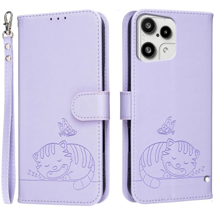 Cat Butterfly Embossed RFID Vegan Leather Phone Case with Strap, For Nothing Phone 4a Pro, For Nothing Phone 4a, For Nothing Phone 3a Lite, For Nothing Phone 3, For Nothing CMF Phone 2 Pro, For Nothing Phone 3a, For Nothing Phone 3a Pro