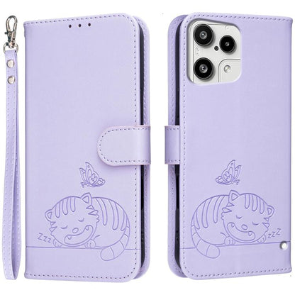 Cat Butterfly Embossed RFID Vegan Leather Phone Case with Strap, For Nothing Phone 4a Pro, For Nothing Phone 4a, For Nothing Phone 3a Lite, For Nothing Phone 3, For Nothing CMF Phone 2 Pro, For Nothing Phone 3a, For Nothing Phone 3a Pro