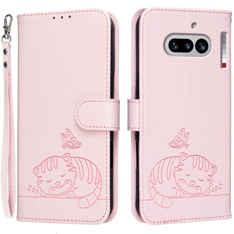 Cat Butterfly Embossed RFID Vegan Leather Phone Case with Strap, For Nothing Phone 4a Pro, For Nothing Phone 4a, For Nothing Phone 3a Lite, For Nothing Phone 3, For Nothing CMF Phone 2 Pro, For Nothing Phone 3a, For Nothing Phone 3a Pro