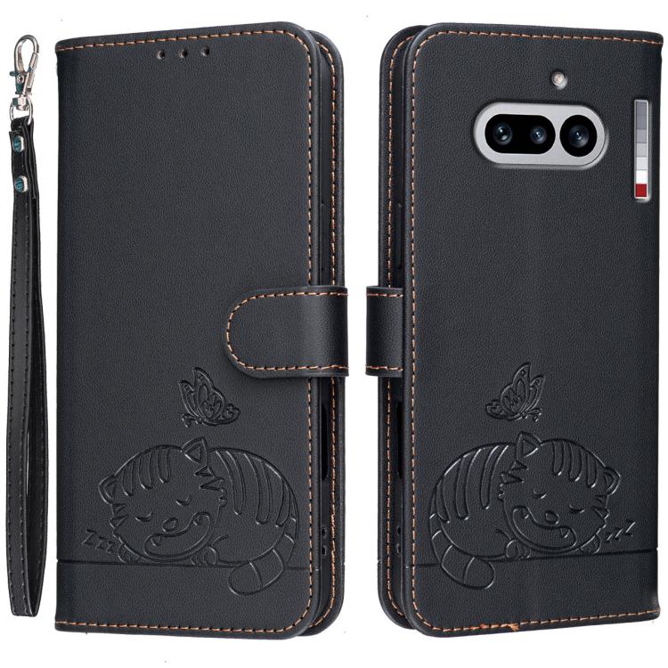 Cat Butterfly Embossed RFID Vegan Leather Phone Case with Strap, For Nothing Phone 4a Pro, For Nothing Phone 4a, For Nothing Phone 3a Lite, For Nothing Phone 3, For Nothing CMF Phone 2 Pro, For Nothing Phone 3a, For Nothing Phone 3a Pro