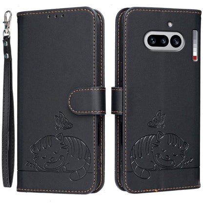 Cat Butterfly Embossed RFID Vegan Leather Phone Case with Strap, For Nothing Phone 4a Pro, For Nothing Phone 4a, For Nothing Phone 3a Lite, For Nothing Phone 3, For Nothing CMF Phone 2 Pro, For Nothing Phone 3a, For Nothing Phone 3a Pro