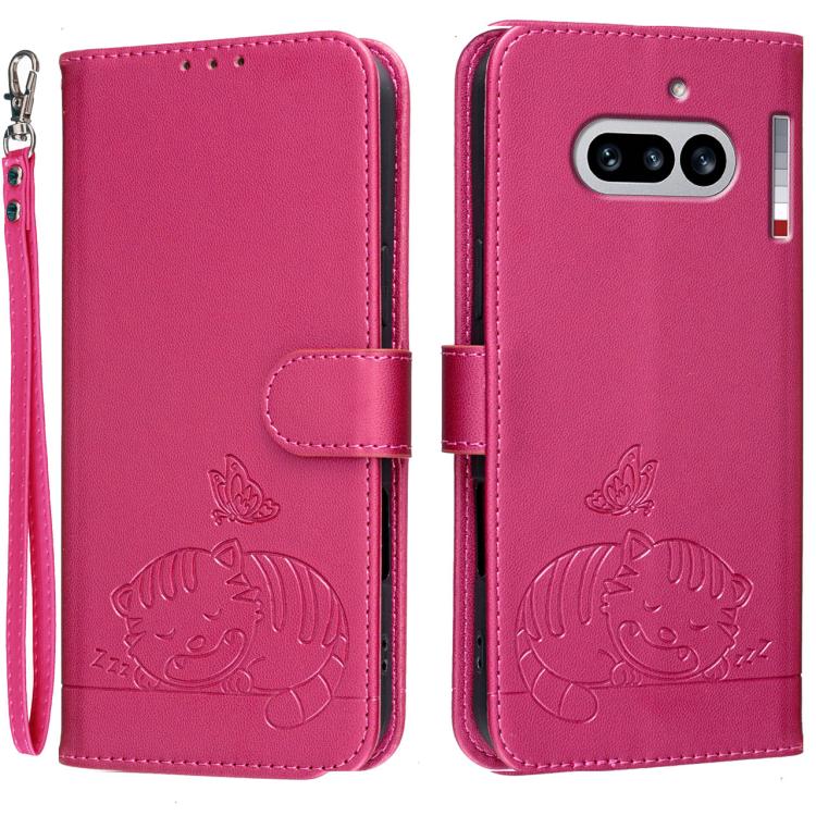 Cat Butterfly Embossed RFID Vegan Leather Phone Case with Strap, For Nothing Phone 4a Pro, For Nothing Phone 4a, For Nothing Phone 3a Lite, For Nothing Phone 3, For Nothing CMF Phone 2 Pro, For Nothing Phone 3a, For Nothing Phone 3a Pro