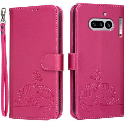 Cat Butterfly Embossed RFID Vegan Leather Phone Case with Strap, For Nothing Phone 4a Pro, For Nothing Phone 4a, For Nothing Phone 3a Lite, For Nothing Phone 3, For Nothing CMF Phone 2 Pro, For Nothing Phone 3a, For Nothing Phone 3a Pro