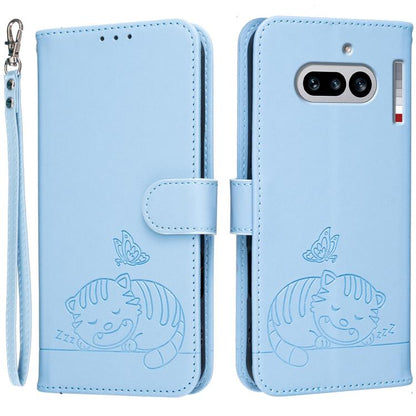 Cat Butterfly Embossed RFID Vegan Leather Phone Case with Strap, For Nothing Phone 4a Pro, For Nothing Phone 4a, For Nothing Phone 3a Lite, For Nothing Phone 3, For Nothing CMF Phone 2 Pro, For Nothing Phone 3a, For Nothing Phone 3a Pro