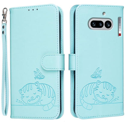 Cat Butterfly Embossed RFID Vegan Leather Phone Case with Strap, For Nothing Phone 4a Pro, For Nothing Phone 4a, For Nothing Phone 3a Lite, For Nothing Phone 3, For Nothing CMF Phone 2 Pro, For Nothing Phone 3a, For Nothing Phone 3a Pro