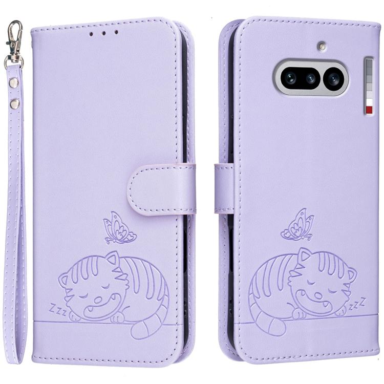 Cat Butterfly Embossed RFID Vegan Leather Phone Case with Strap, For Nothing Phone 4a Pro, For Nothing Phone 4a, For Nothing Phone 3a Lite, For Nothing Phone 3, For Nothing CMF Phone 2 Pro, For Nothing Phone 3a, For Nothing Phone 3a Pro