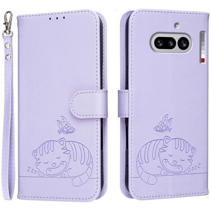 Cat Butterfly Embossed RFID Vegan Leather Phone Case with Strap, For Nothing Phone 4a Pro, For Nothing Phone 4a, For Nothing Phone 3a Lite, For Nothing Phone 3, For Nothing CMF Phone 2 Pro, For Nothing Phone 3a, For Nothing Phone 3a Pro