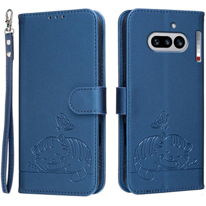 Cat Butterfly Embossed RFID Vegan Leather Phone Case with Strap, For Nothing Phone 4a Pro, For Nothing Phone 4a, For Nothing Phone 3a Lite, For Nothing Phone 3, For Nothing CMF Phone 2 Pro, For Nothing Phone 3a, For Nothing Phone 3a Pro