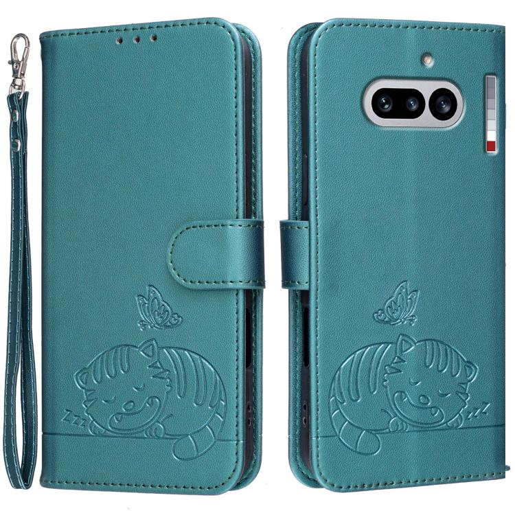 Cat Butterfly Embossed RFID Vegan Leather Phone Case with Strap, For Nothing Phone 4a Pro, For Nothing Phone 4a, For Nothing Phone 3a Lite, For Nothing Phone 3, For Nothing CMF Phone 2 Pro, For Nothing Phone 3a, For Nothing Phone 3a Pro