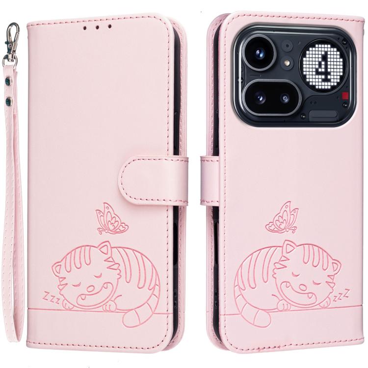 Cat Butterfly Embossed RFID Vegan Leather Phone Case with Strap, For Nothing Phone 4a Pro, For Nothing Phone 4a, For Nothing Phone 3a Lite, For Nothing Phone 3, For Nothing CMF Phone 2 Pro, For Nothing Phone 3a, For Nothing Phone 3a Pro
