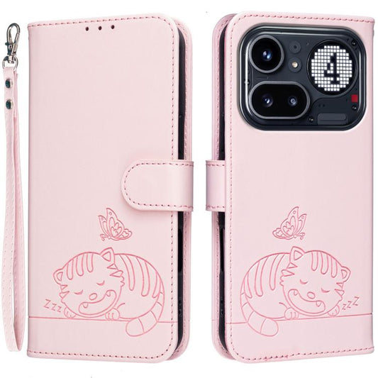 Cat Butterfly Embossed RFID Vegan Leather Phone Case with Strap, For Nothing Phone 4a Pro, For Nothing Phone 4a, For Nothing Phone 3a Lite, For Nothing Phone 3, For Nothing CMF Phone 2 Pro, For Nothing Phone 3a, For Nothing Phone 3a Pro