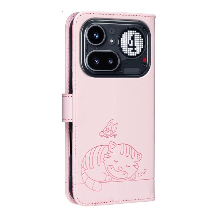 Cat Butterfly Embossed RFID Vegan Leather Phone Case with Strap, For Nothing Phone 4a Pro, For Nothing Phone 4a, For Nothing Phone 3a Lite, For Nothing Phone 3, For Nothing CMF Phone 2 Pro, For Nothing Phone 3a, For Nothing Phone 3a Pro