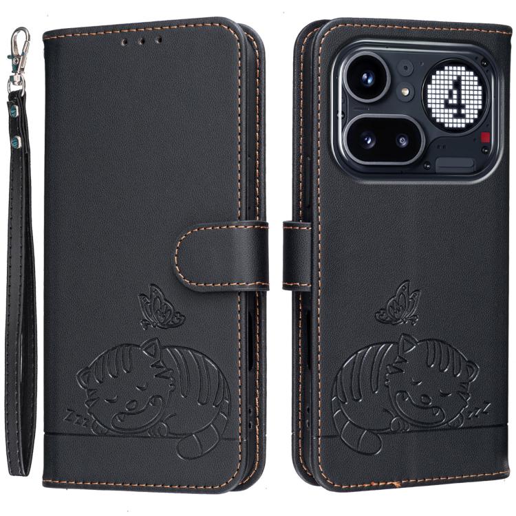 Cat Butterfly Embossed RFID Vegan Leather Phone Case with Strap, For Nothing Phone 4a Pro, For Nothing Phone 4a, For Nothing Phone 3a Lite, For Nothing Phone 3, For Nothing CMF Phone 2 Pro, For Nothing Phone 3a, For Nothing Phone 3a Pro