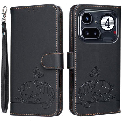 Cat Butterfly Embossed RFID Vegan Leather Phone Case with Strap, For Nothing Phone 4a Pro, For Nothing Phone 4a, For Nothing Phone 3a Lite, For Nothing Phone 3, For Nothing CMF Phone 2 Pro, For Nothing Phone 3a, For Nothing Phone 3a Pro