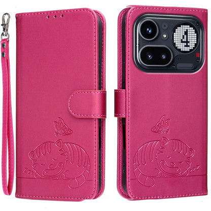 Cat Butterfly Embossed RFID Vegan Leather Phone Case with Strap, For Nothing Phone 4a Pro, For Nothing Phone 4a, For Nothing Phone 3a Lite, For Nothing Phone 3, For Nothing CMF Phone 2 Pro, For Nothing Phone 3a, For Nothing Phone 3a Pro