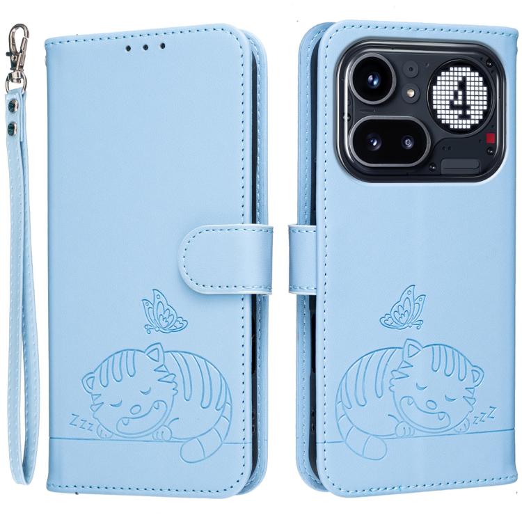 Cat Butterfly Embossed RFID Vegan Leather Phone Case with Strap, For Nothing Phone 4a Pro, For Nothing Phone 4a, For Nothing Phone 3a Lite, For Nothing Phone 3, For Nothing CMF Phone 2 Pro, For Nothing Phone 3a, For Nothing Phone 3a Pro