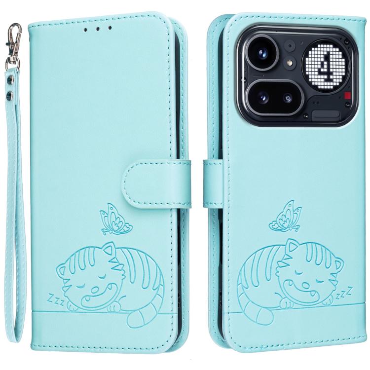 Cat Butterfly Embossed RFID Vegan Leather Phone Case with Strap, For Nothing Phone 4a Pro, For Nothing Phone 4a, For Nothing Phone 3a Lite, For Nothing Phone 3, For Nothing CMF Phone 2 Pro, For Nothing Phone 3a, For Nothing Phone 3a Pro