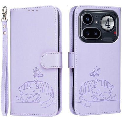 Cat Butterfly Embossed RFID Vegan Leather Phone Case with Strap, For Nothing Phone 4a Pro, For Nothing Phone 4a, For Nothing Phone 3a Lite, For Nothing Phone 3, For Nothing CMF Phone 2 Pro, For Nothing Phone 3a, For Nothing Phone 3a Pro