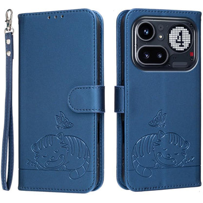Cat Butterfly Embossed RFID Vegan Leather Phone Case with Strap, For Nothing Phone 4a Pro, For Nothing Phone 4a, For Nothing Phone 3a Lite, For Nothing Phone 3, For Nothing CMF Phone 2 Pro, For Nothing Phone 3a, For Nothing Phone 3a Pro