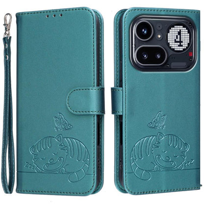 Cat Butterfly Embossed RFID Vegan Leather Phone Case with Strap, For Nothing Phone 4a Pro, For Nothing Phone 4a, For Nothing Phone 3a Lite, For Nothing Phone 3, For Nothing CMF Phone 2 Pro, For Nothing Phone 3a, For Nothing Phone 3a Pro