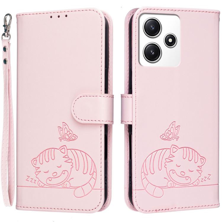 Cat Butterfly Embossed RFID Vegan Leather Phone Case with Strap, For Redmi 12 4G / 5G, For Redmi K70