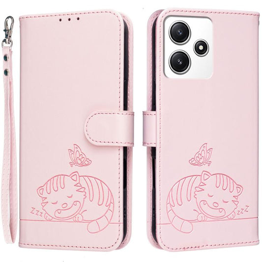 Cat Butterfly Embossed RFID Vegan Leather Phone Case with Strap, For Redmi 12 4G / 5G, For Redmi K70