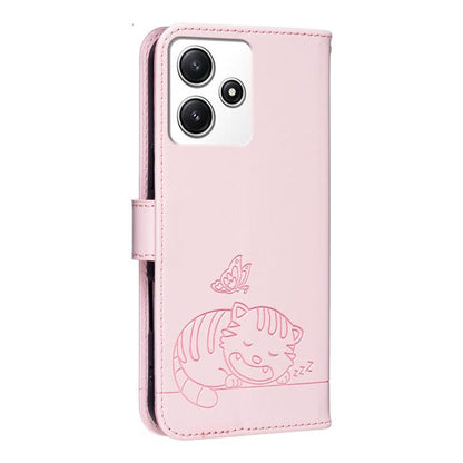 Cat Butterfly Embossed RFID Vegan Leather Phone Case with Strap, For Redmi 12 4G / 5G, For Redmi K70