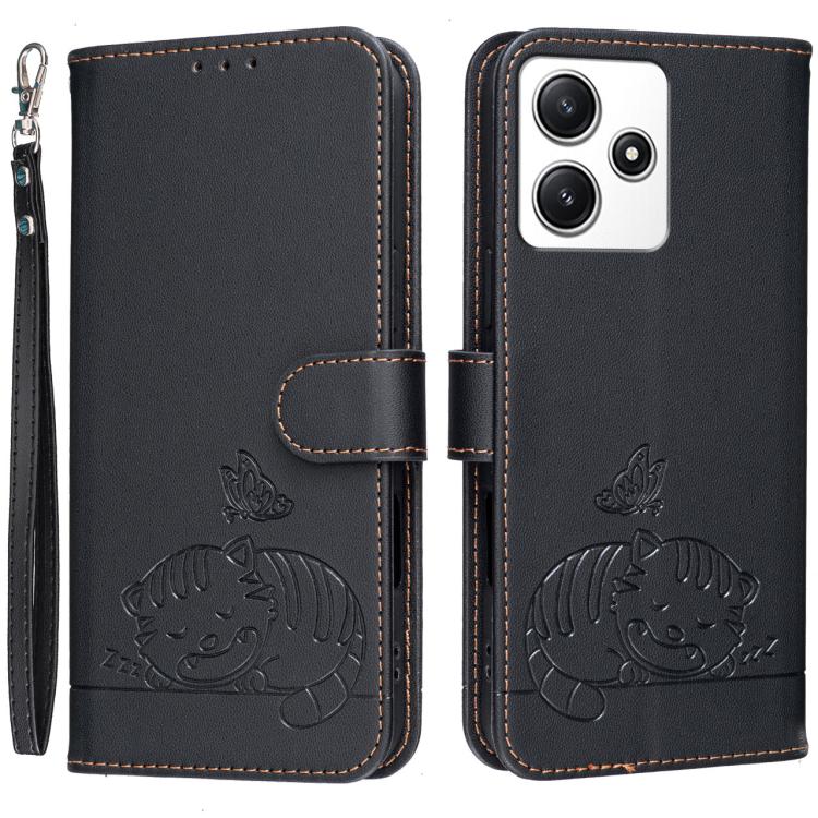 Cat Butterfly Embossed RFID Vegan Leather Phone Case with Strap, For Redmi 12 4G / 5G, For Redmi K70