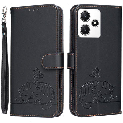 Cat Butterfly Embossed RFID Vegan Leather Phone Case with Strap, For Redmi 12 4G / 5G, For Redmi K70