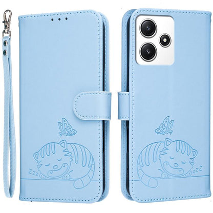 Cat Butterfly Embossed RFID Vegan Leather Phone Case with Strap, For Redmi 12 4G / 5G, For Redmi K70