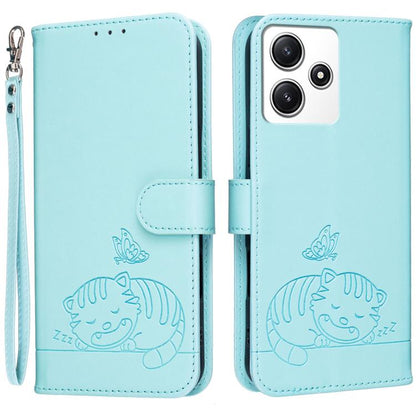Cat Butterfly Embossed RFID Vegan Leather Phone Case with Strap, For Redmi 12 4G / 5G, For Redmi K70