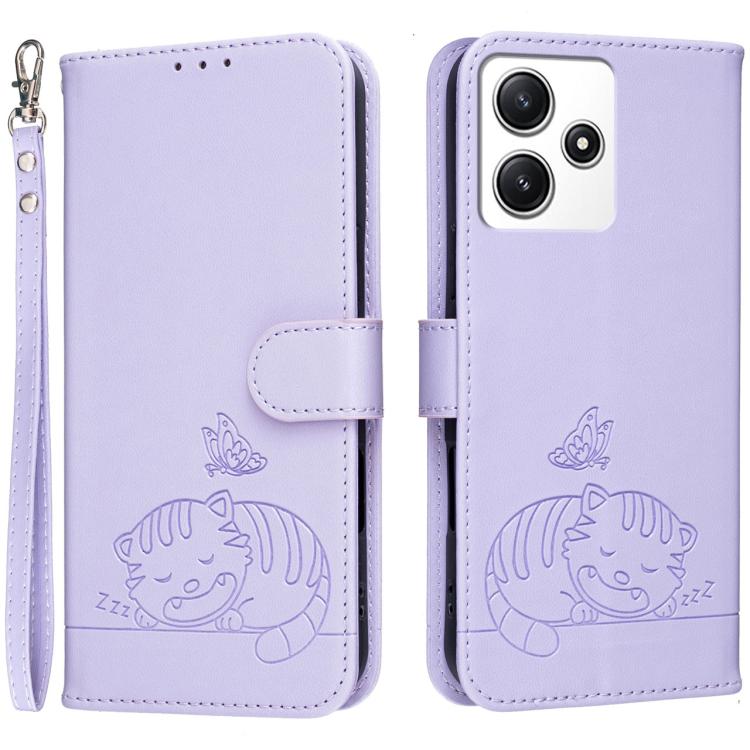 Cat Butterfly Embossed RFID Vegan Leather Phone Case with Strap, For Redmi 12 4G / 5G, For Redmi K70