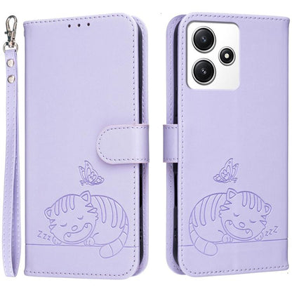 Cat Butterfly Embossed RFID Vegan Leather Phone Case with Strap, For Redmi 12 4G / 5G, For Redmi K70